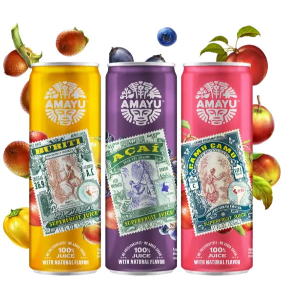 Acaí, Buriti, and Camu Camu AMAYU Cans with floating fruit in the background
