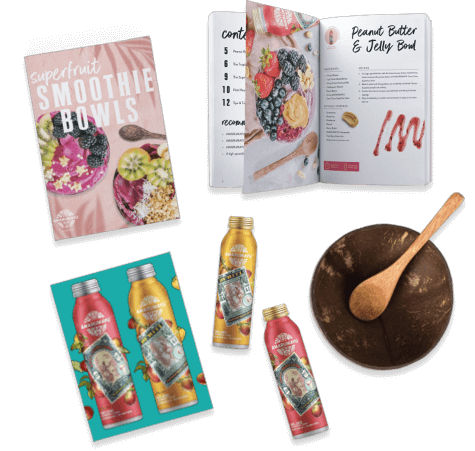 AMAYU Smoothie Bowl E-book, bottles of AMAYU, and a coconut bowl