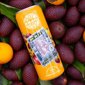 Can of AMAYU buriti with buriti fruits in the background