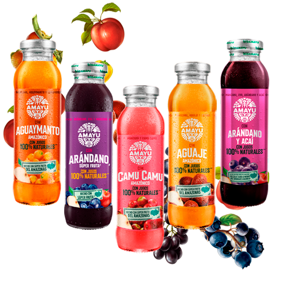 Acaí, Buriti, and Camu Camu AMAYU Cans with floating fruit in the background